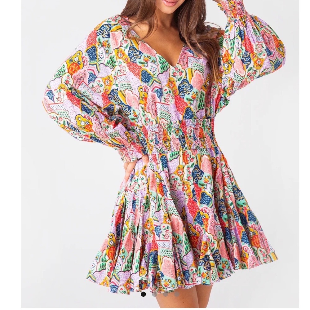 Rhode Resort Olivia Mini Dress XS Multi Color Floral Cotton Smocked Waist V-Neck